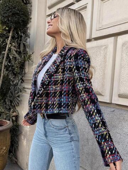 Blazer Cropped Feminino Tweed Multicolorido Vintage