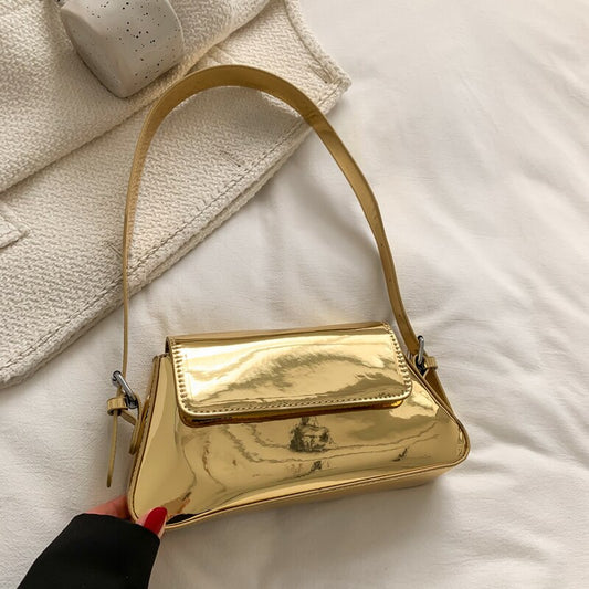 Bolsa Baguete de Couro Metálica Dourado