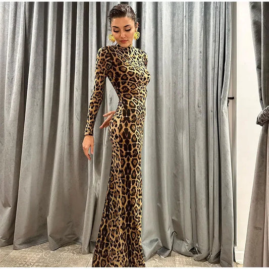 Vestido Maxi Manga Longa Leopardo Animal Print