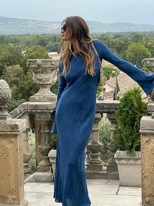   Vestido Longo Gola Alta Azul