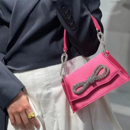 Bolsa Ombro Strass e Laço Rosa